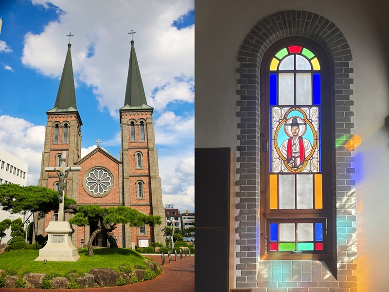 ▲ 대구 중구에 위치한 계산성당(왼쪽). 대구 중구청. 성당 내부에 스테인드글라스로 묘사된 성 김대건 안드레아 신부의 모습(오른쪽). On the left is Gyesan Cathedral in Daegu's Jung-gu District and on the right is the image of St. Andrew Kim Taegon as shown on stained glass inside the facility. (Lee Dasom - 이다솜 기자 dlektha0319@korea.kr) 