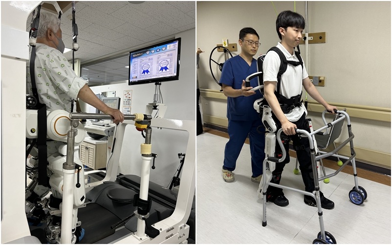 ▲ 중앙보훈병원 재활센터의 로봇 치료 현장. 워크봇 재활 환자(왼쪽)와 엔젤렉스 재활 환자(오른쪽)가 훈련에 한창이다. 뇌 손상 환자는 회복 단계에 맞춰 워크봇에서 엔젤렉스로 단계를 높여가며 훈련한다. A patient (left) uses the Walkbot in a robot therapy session at the VHS Medical Center's rehabilitation section, and another (right) uses Angel Legs during rehabilitation. Patients with brain injuries advance from the Walkbot to Angel Legs based on recovery stage. 테레시아 마가렛 기자- margareth@korea.kr
